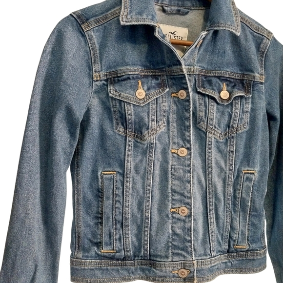 Hollister California Size XS Demin Trucker Blue Jean Jacket Button Long Sleeve - Picture 6 of 10